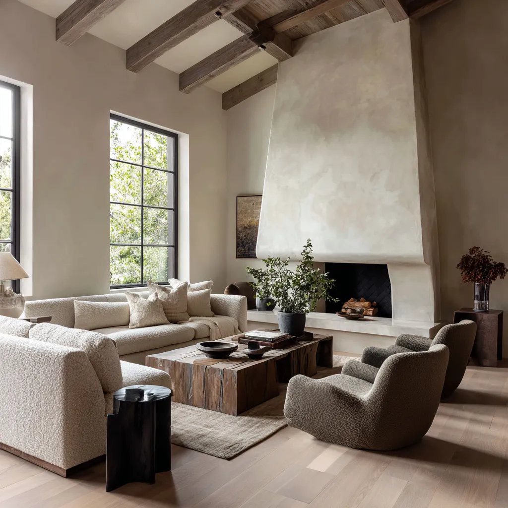 Large rustic Scandinavian living room concept with a monumental sculpted plaster fireplace, tall black-framed windows Large rustic Scandinavian living room concept with a monumental sculpted plaster fireplace, tall black-framed windows
