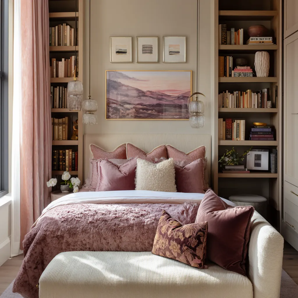 Library-style pink maximalist bedroom with taupe-rose walls, smoky mauve landscape art, built-in bookcases, dusty pink bedding Library-style pink maximalist bedroom with taupe-rose walls, smoky mauve landscape art, built-in bookcases, dusty pink bedding