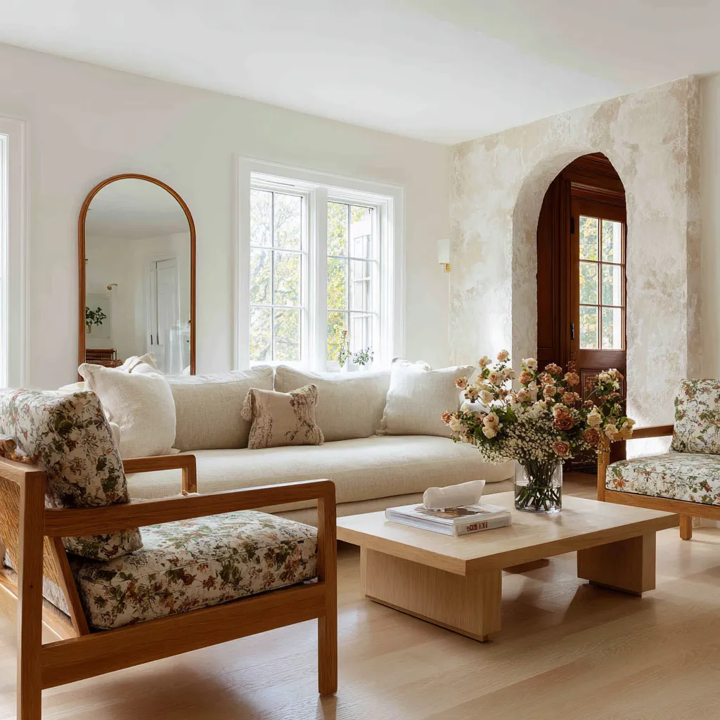Light Danish-inspired interior design ideas with a broad cream sofa, floral wood-framed armchairs, arched doorway Light Danish-inspired interior design ideas with a broad cream sofa, floral wood-framed armchairs, arched doorway