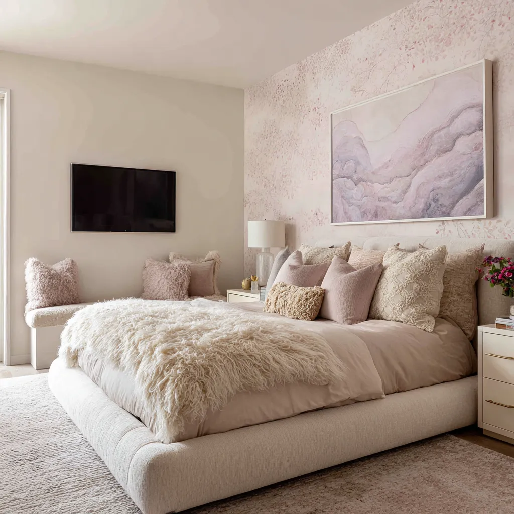 Light Very pale pink maximalist bedroom with a soft blossom-patterned wall, abstract lilac-blush artwork, rounded cream bed Light Very pale pink maximalist bedroom with a soft blossom-patterned wall, abstract lilac-blush artwork, rounded cream bed