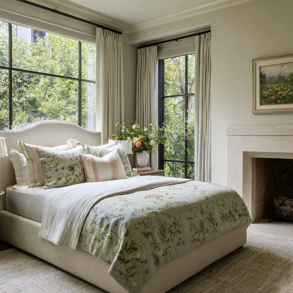 Light-filled bedroom with arched upholstered headboard, pale botanical bedding, black-framed windows, and a stone fireplace Light-filled bedroom with arched upholstered headboard, pale botanical bedding, black-framed windows, and a stone fireplace