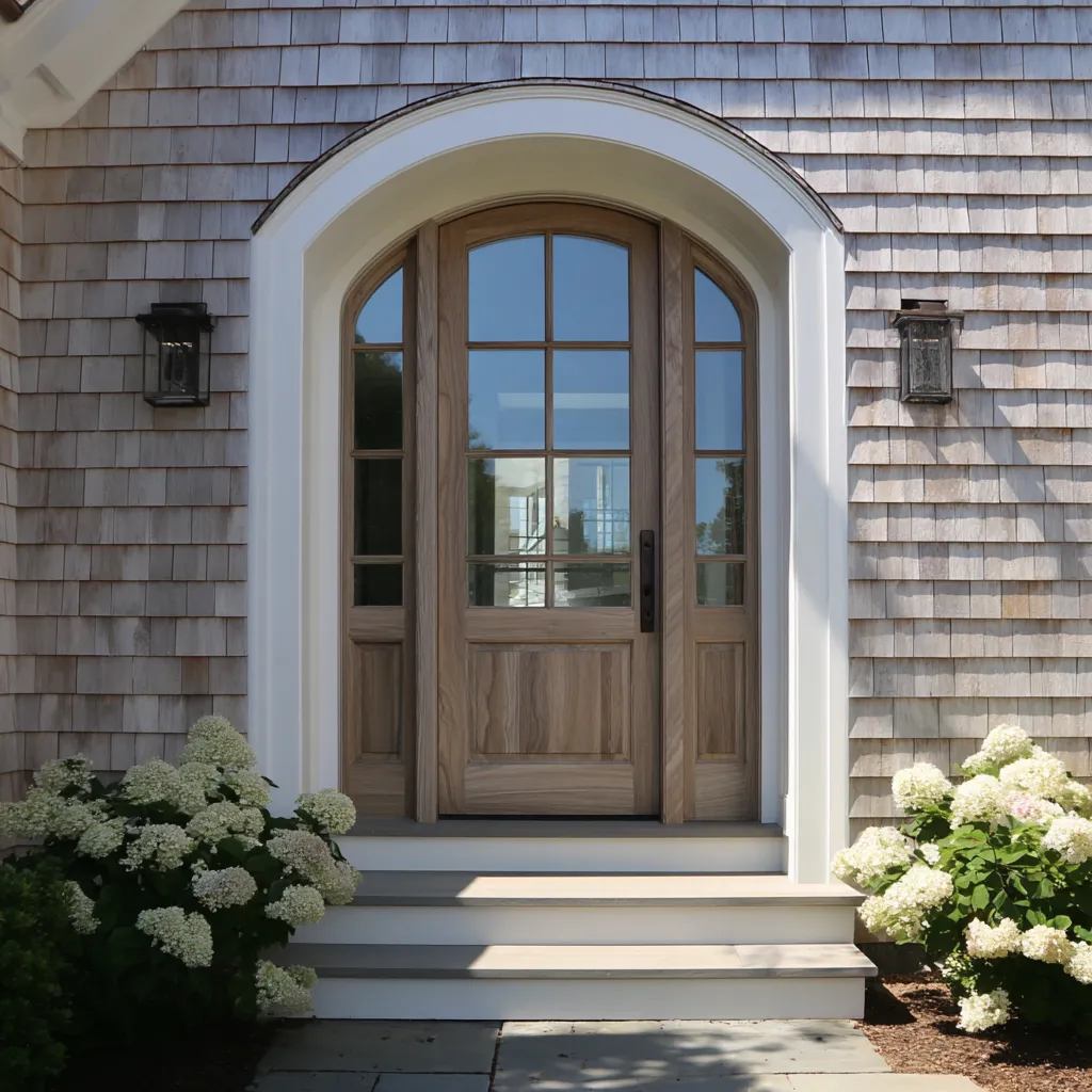 Light natural-wood front entry composition with matching sidelights inside a broad white segmental-arch surround Light natural-wood front entry composition with matching sidelights inside a broad white segmental-arch surround