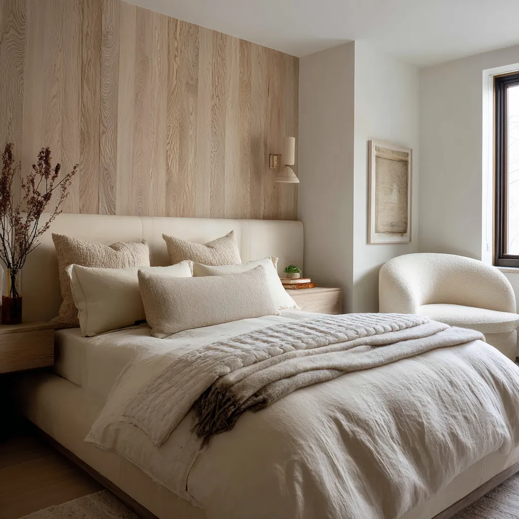 Light wood beach bedroom ideas with vertical plank wall cladding, low upholstered headboard, textured neutral bedding Light wood beach bedroom ideas with vertical plank wall cladding, low upholstered headboard, textured neutral bedding