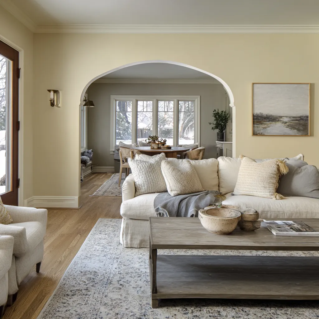 Living room ideas in Norwegian style for a front room open to dining through a wide arch, with pale upholstery Living room ideas in Norwegian style for a front room open to dining through a wide arch, with pale upholstery