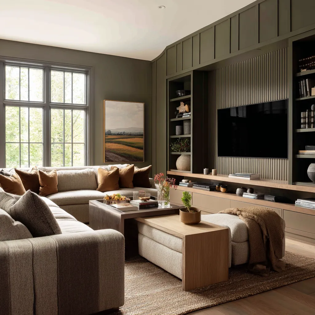 Living room with olive-charcoal paneled media wall, fluted TV backdrop, pale oak cabinetry, cream sectional, woven rug Living room with olive-charcoal paneled media wall, fluted TV backdrop, pale oak cabinetry, cream sectional, woven rug