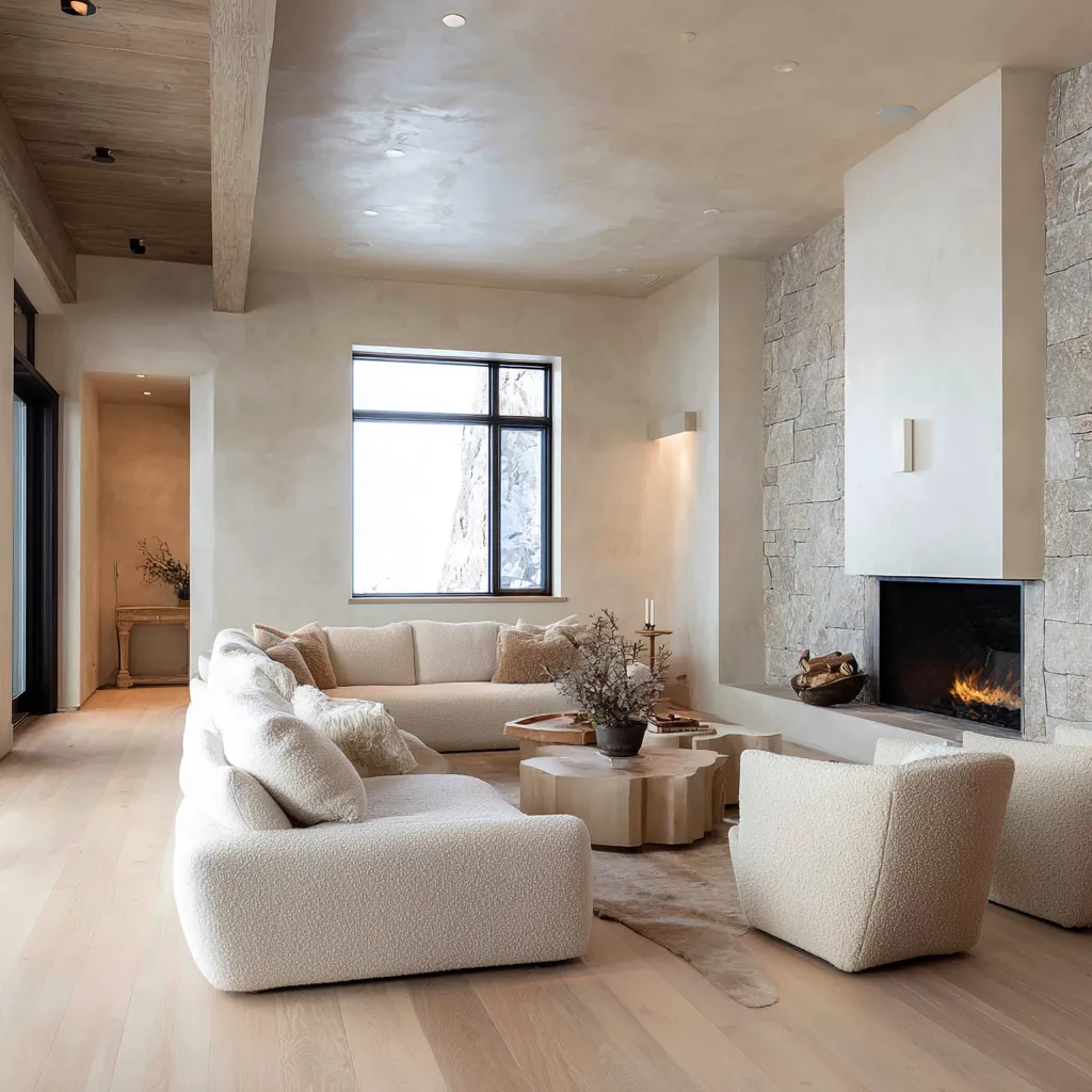 Long Nordic-inspired living room with plaster walls, a stone fireplace, pale wood floors, rounded cream seating Long Nordic-inspired living room with plaster walls, a stone fireplace, pale wood floors, rounded cream seating
