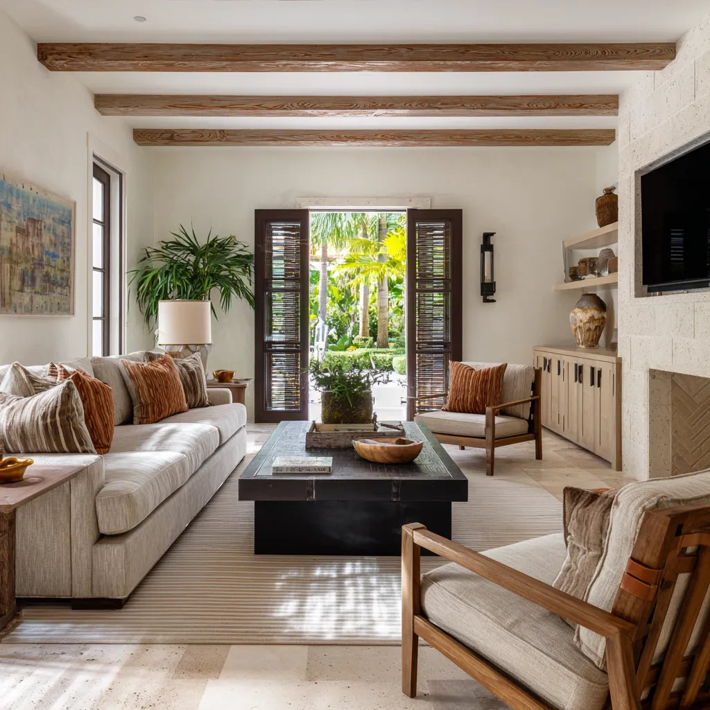 Long Tropical British colonial living room inspiration with warm timber beams Long Tropical British colonial living room inspiration with warm timber beams