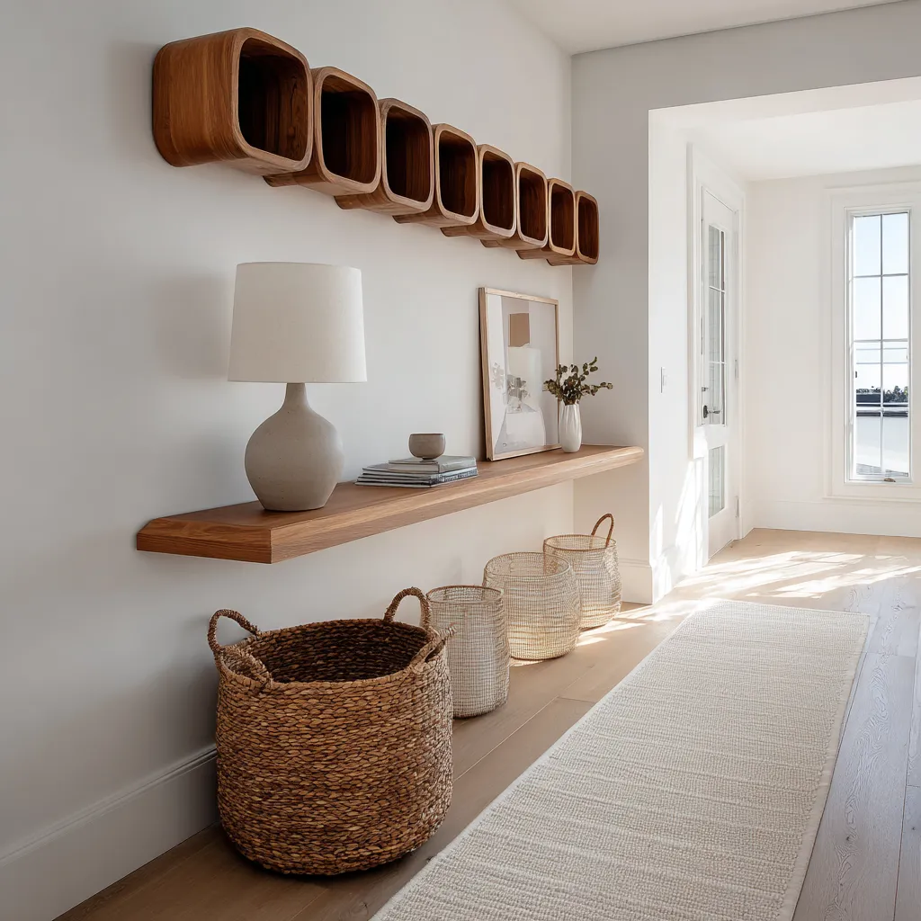 Long coastal entryway design with floating wood shelf, repeated wall cubbies, woven baskets, runner rug Long coastal entryway design with floating wood shelf, repeated wall cubbies, woven baskets, runner rug