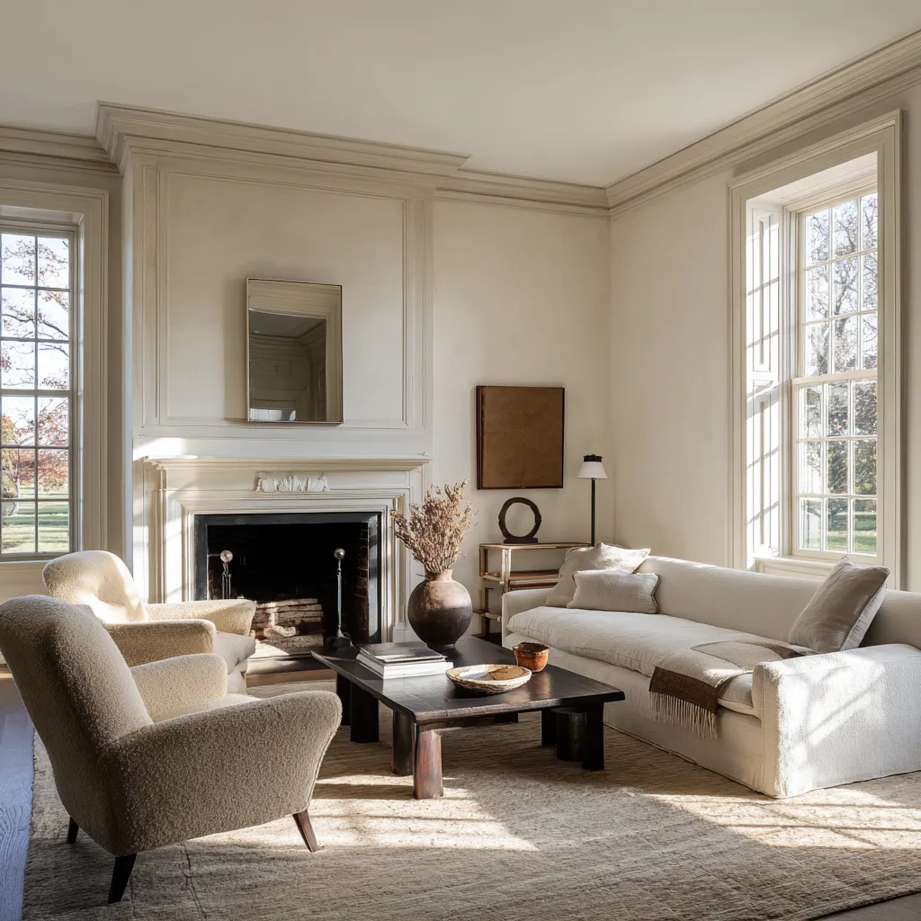 Lounge interior design concept with paneled fireplace wall, narrow overmantel mirror, pale seating, black coffee table Lounge interior design concept with paneled fireplace wall, narrow overmantel mirror, pale seating, black coffee table