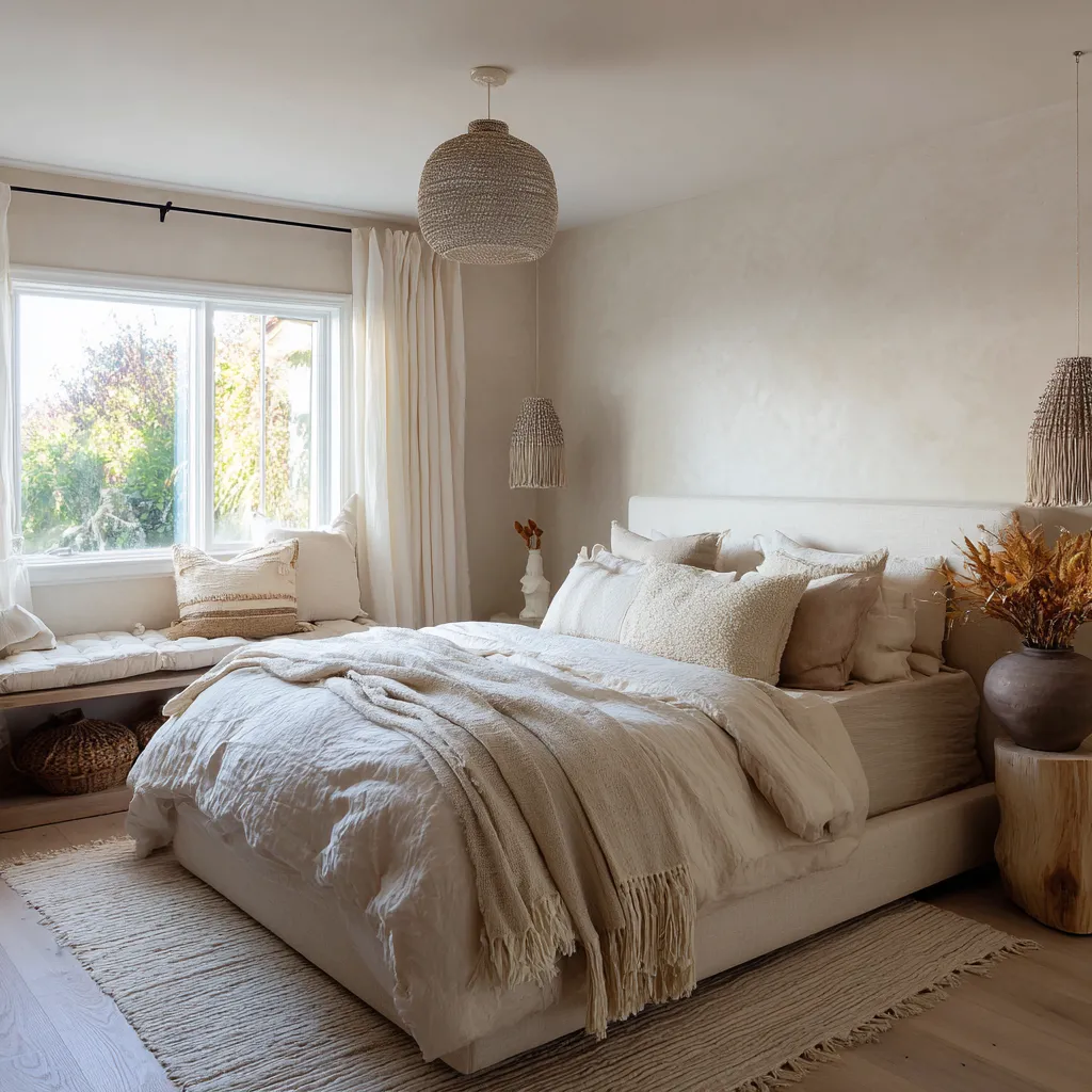 Lovely pale boho Scandinavian bedroom with an upholstered bed, built-in window bench, woven ceiling and bedside pendants Lovely pale boho Scandinavian bedroom with an upholstered bed, built-in window bench, woven ceiling and bedside pendants
