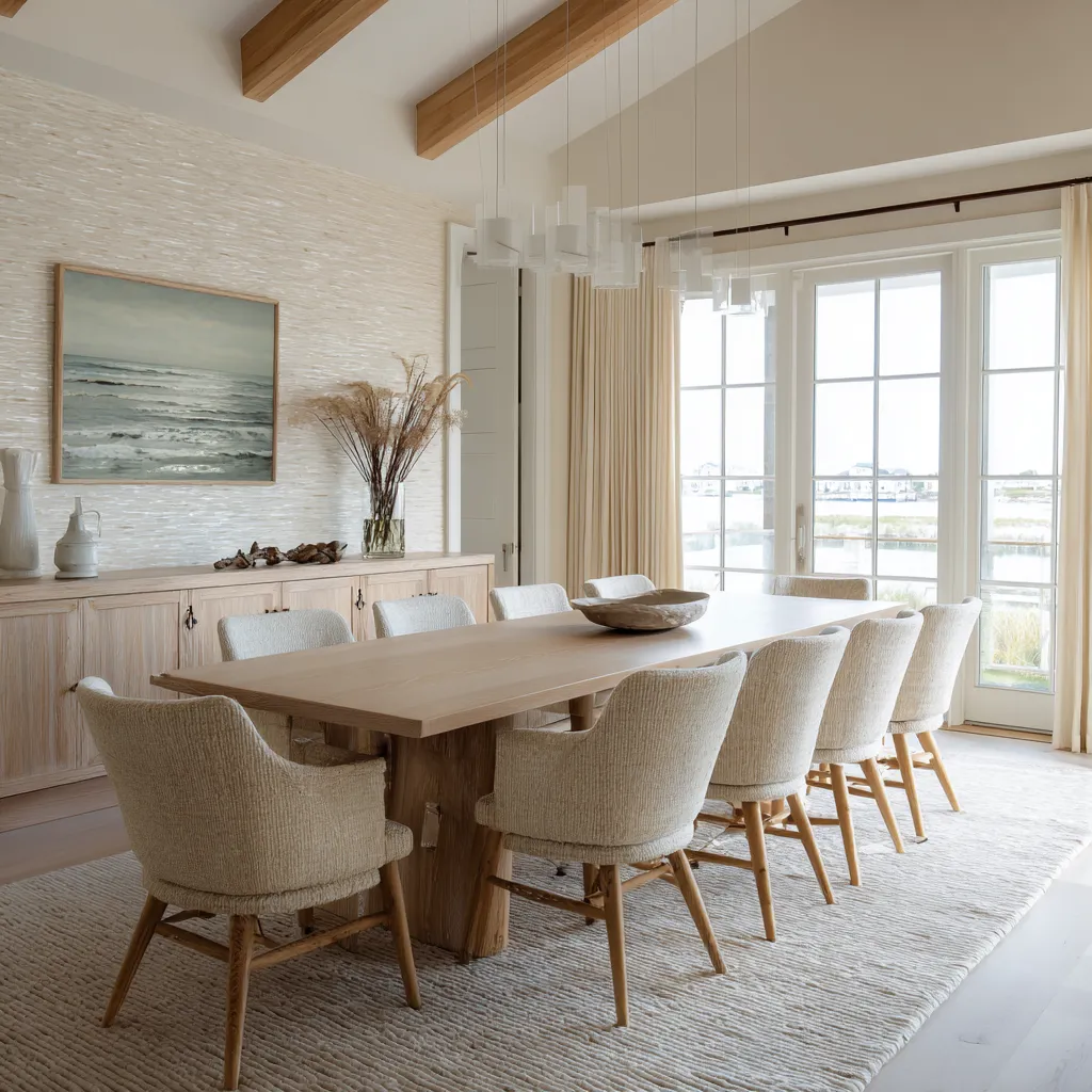 Luminous coastal dining room interior design with a shimmering wall finish, muted seascape painting, pale wood table Luminous coastal dining room interior design with a shimmering wall finish, muted seascape painting, pale wood table