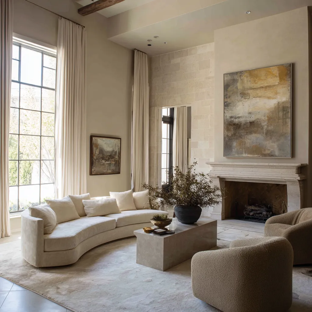 Luxurious pale living room with full-height drapery, limestone fireplace, curved low sofa, rounded textured chairs, large abstract art Luxurious pale living room with full-height drapery, limestone fireplace, curved low sofa, rounded textured chairs, large abstract art