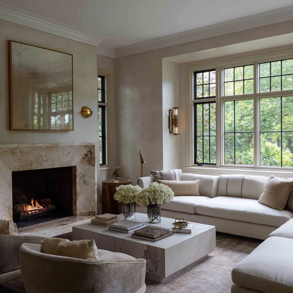 Main room design concept with a simple marble fireplace, large quiet artwork, sectional sofa, square marble coffee table Main room design concept with a simple marble fireplace, large quiet artwork, sectional sofa, square marble coffee table