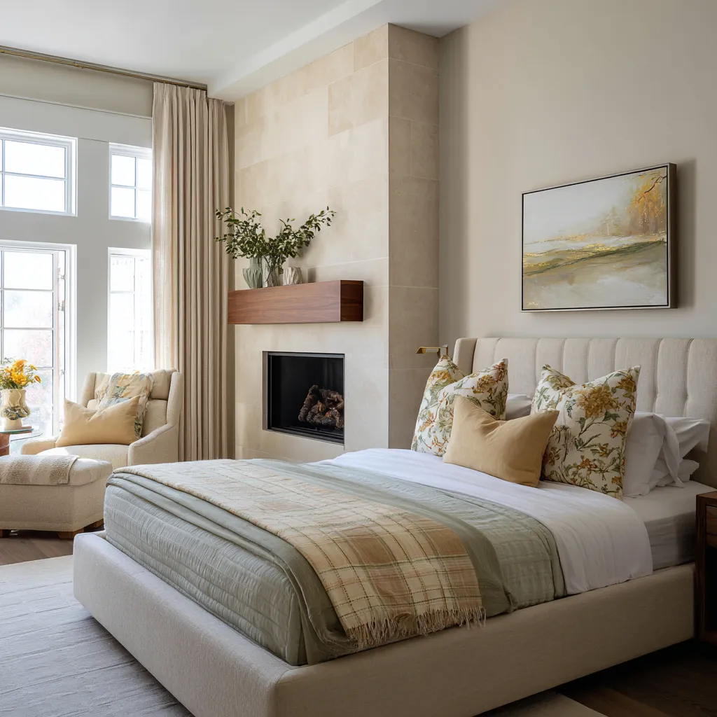 Master bedroom concept with a tall stone chimney wall and floating wood mantel, featuring a pale upholstered bed with botanical pillows Master bedroom concept with a tall stone chimney wall and floating wood mantel, featuring a pale upholstered bed with botanical pillows