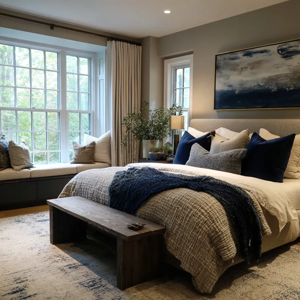 Master bedroom ideas with warm gray walls, a large gridded window and built-in seat, indigo-and-cream abstract art above a pale upholstered bed Master bedroom ideas with warm gray walls, a large gridded window and built-in seat, indigo-and-cream abstract art above a pale upholstered bed