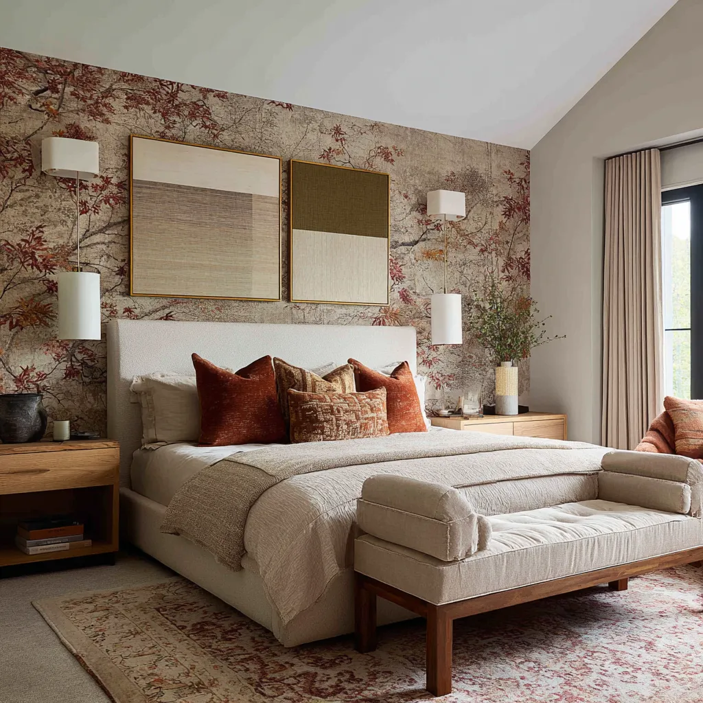 Maximalist Bedroom ideas with scenic branch-and-leaf wallcovering, two large abstract framed panels above a pale upholstered bed Maximalist Bedroom ideas with scenic branch-and-leaf wallcovering, two large abstract framed panels above a pale upholstered bed
