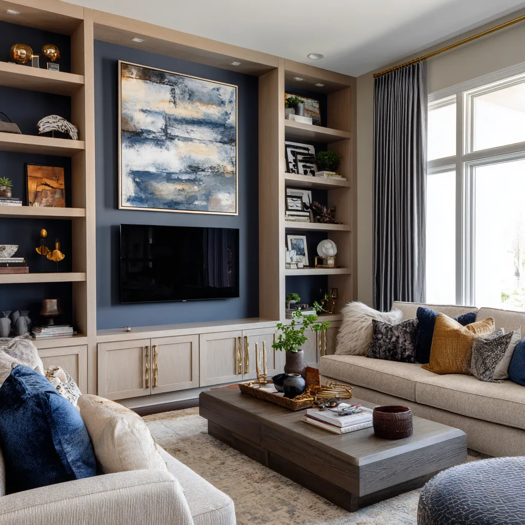 Midnight navy media wall with pale oak built-ins, beige seating, blue and ochre accents Midnight navy media wall with pale oak built-ins, beige seating, blue and ochre accents