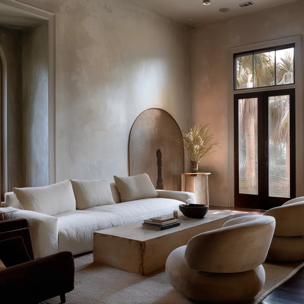 Mineral-plaster calm, Gulf-light softness, and a quieter room built from surface and silhouette Mineral-plaster calm, Gulf-light softness, and a quieter room built from surface and silhouette