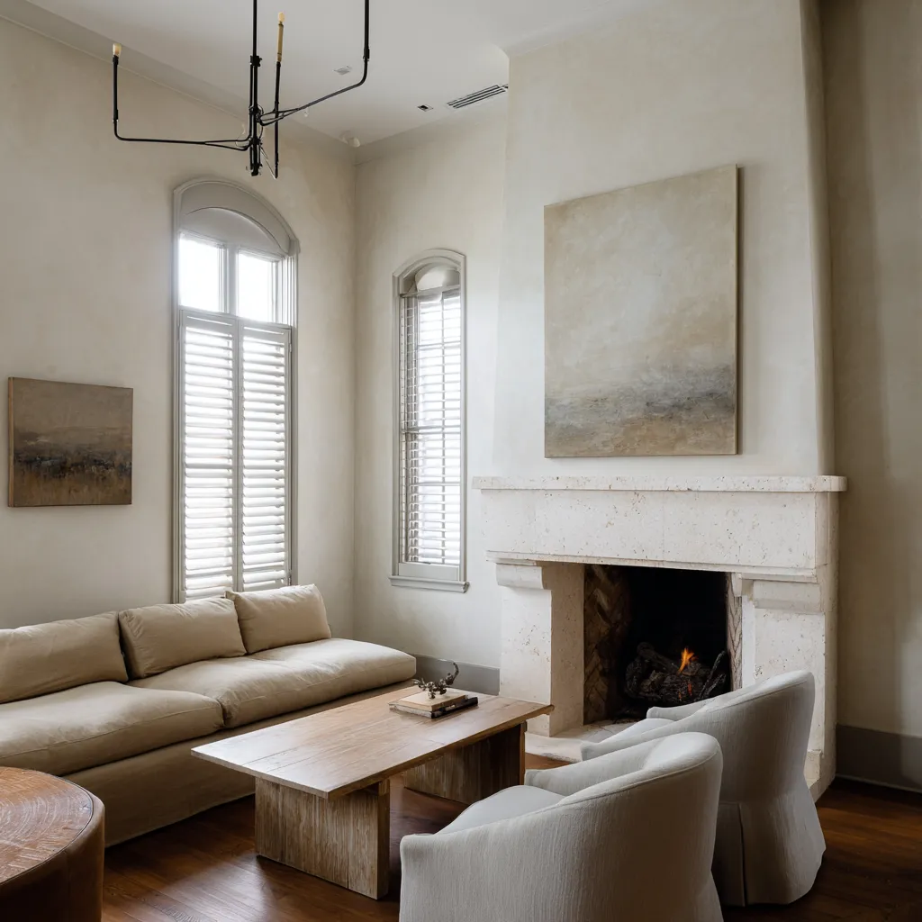 Minimal New Orleans style living room desing with arched shuttered openings, pale stone mantel, low sofa and chairs, simple wood coffee table Minimal New Orleans style living room desing with arched shuttered openings, pale stone mantel, low sofa and chairs, simple wood coffee table