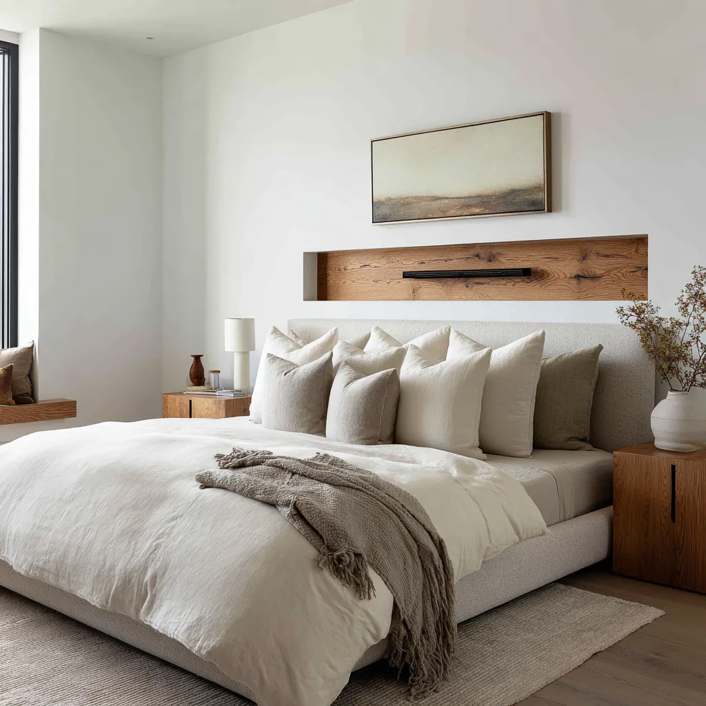 Minimal beach theme bedroom design with wide negative space, recessed wood niche, low upholstered bed Minimal beach theme bedroom design with wide negative space, recessed wood niche, low upholstered bed