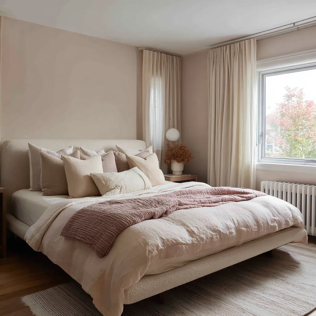 Minimal boho Scandinavian bedroom with a pale upholstered bed, layered cream bedding, a dusty mauve throw across the foot Minimal boho Scandinavian bedroom with a pale upholstered bed, layered cream bedding, a dusty mauve throw across the foot