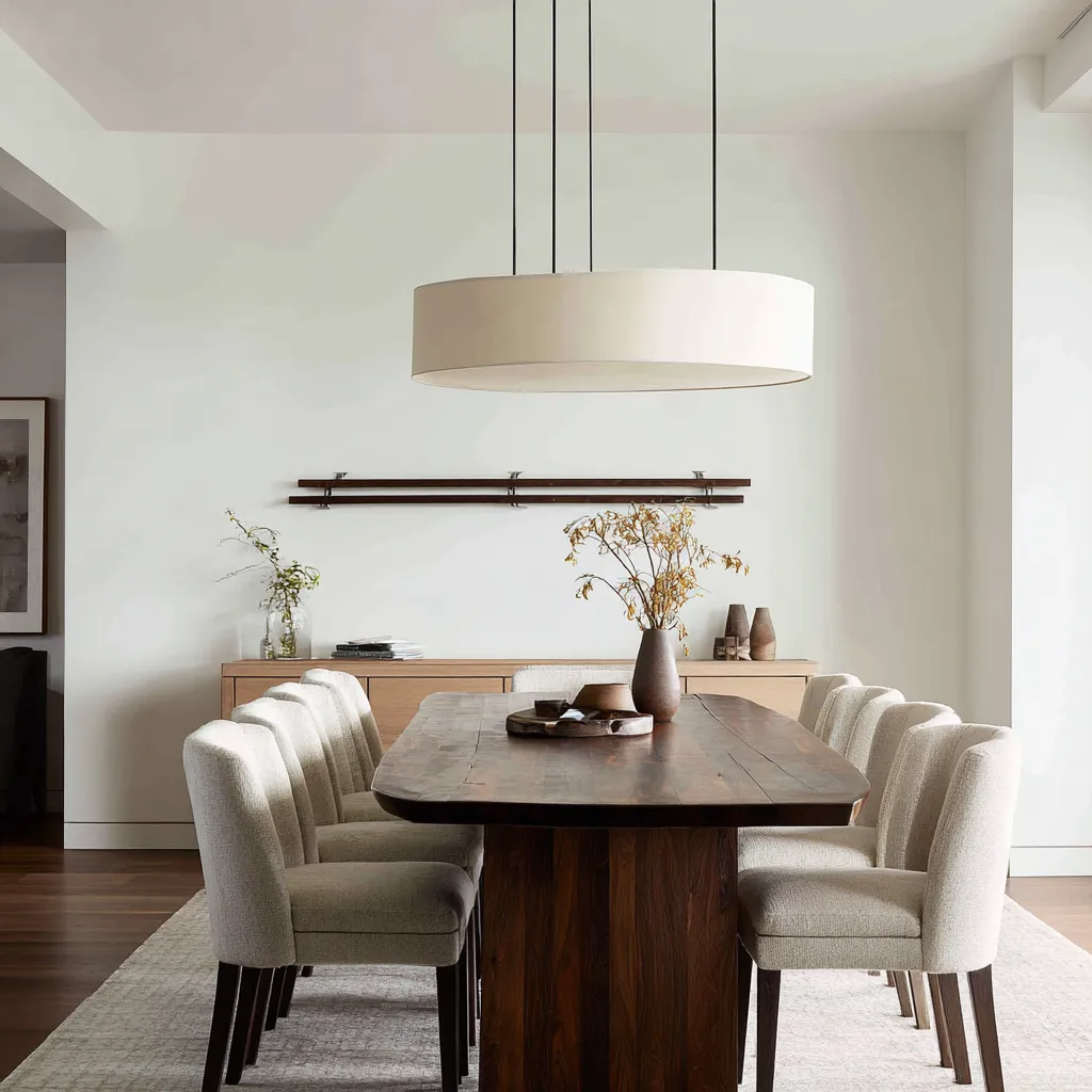 Minimal coastal dining room design idea with a long dark table, repeated upholstered chairs Minimal coastal dining room design idea with a long dark table, repeated upholstered chairs