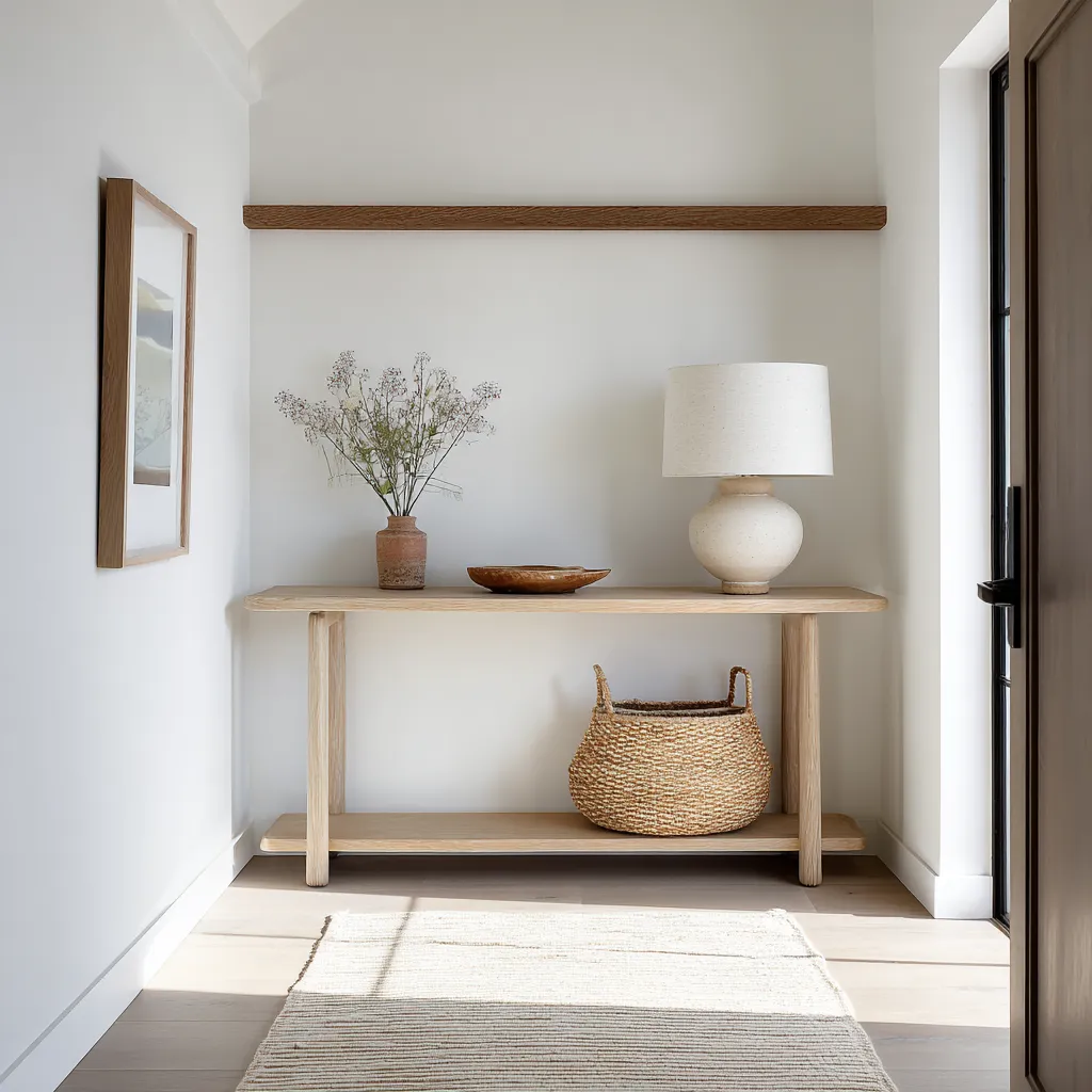 Minimal coastal entryway interior design with pale wood console table, rounded ceramics Minimal coastal entryway interior design with pale wood console table, rounded ceramics