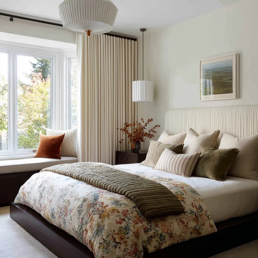Minimal cream bedroom with a striped upholstered headboard, floral duvet, pleated light fixtures, and a bay window bench Minimal cream bedroom with a striped upholstered headboard, floral duvet, pleated light fixtures, and a bay window bench