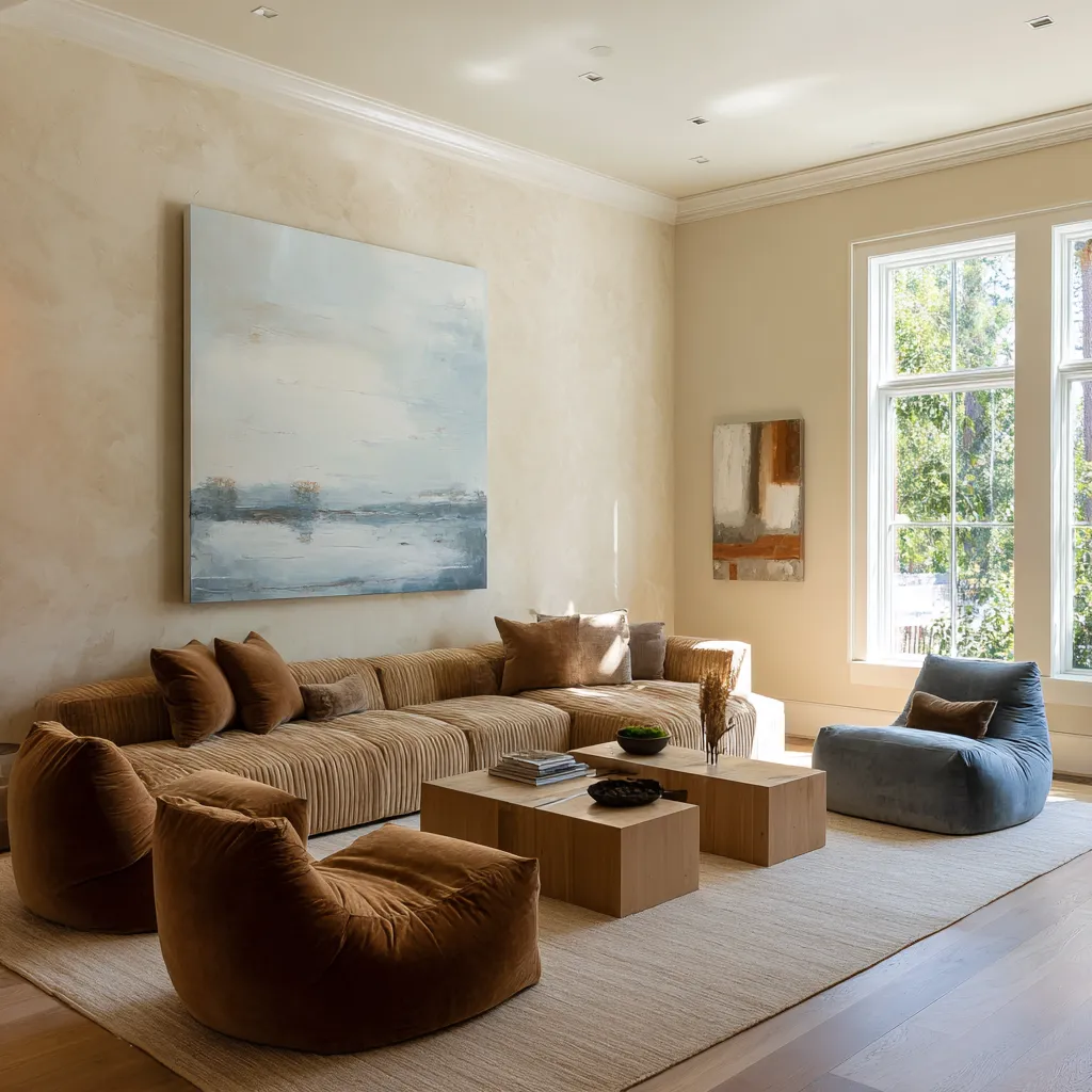Minimal modern living room with softly plastered walls, tall sunlit windows, a long ribbed sofa Minimal modern living room with softly plastered walls, tall sunlit windows, a long ribbed sofa