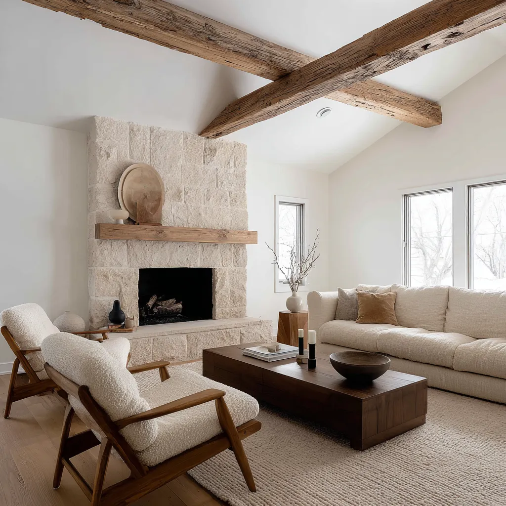 Minimal rustic Scandinavian living room concept featuring crossed reclaimed ceiling beams, a blocky pale stone fireplace Minimal rustic Scandinavian living room concept featuring crossed reclaimed ceiling beams, a blocky pale stone fireplace