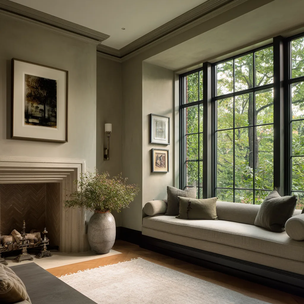 Minimalist English country old money living room concept with a deep window seat, dark mullioned windows, carved pale fireplace Minimalist English country old money living room concept with a deep window seat, dark mullioned windows, carved pale fireplace