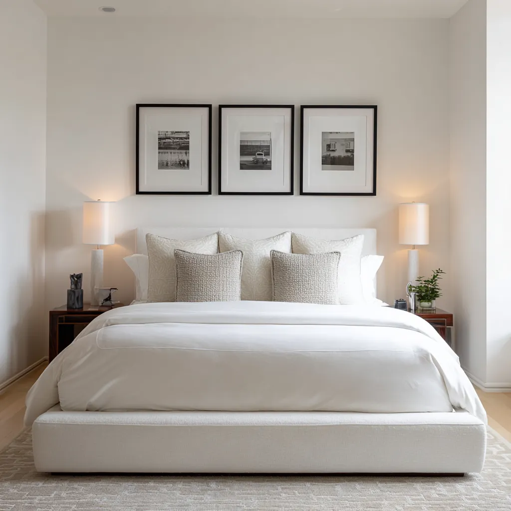 Minimalist bedroom decor above headboard showing a four-piece square grid with double framing and warm amber-toned art Minimalist bedroom decor above headboard showing a four-piece square grid with double framing and warm amber-toned art