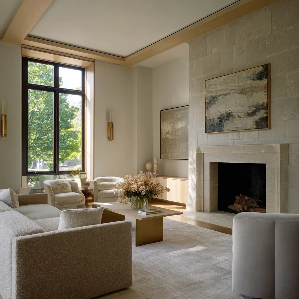 Modern English country living room interior ideas featuring coursed stone fireplace, muted artwork Modern English country living room interior ideas featuring coursed stone fireplace, muted artwork
