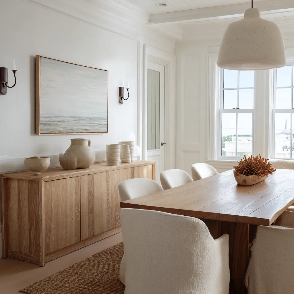 Modern coastal dining room interior design idea with a pale wood table, upholstered chairs, a scrubbed wood sideboard Modern coastal dining room interior design idea with a pale wood table, upholstered chairs, a scrubbed wood sideboard