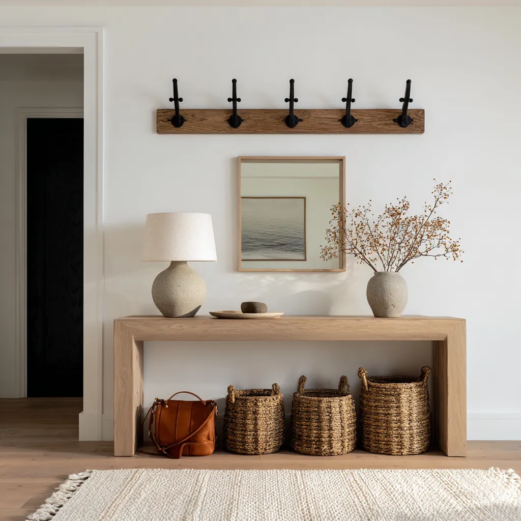 Modern coastal entryway concept with wall hooks, pale oak console, woven storage baskets, mirror, ceramic lamp Modern coastal entryway concept with wall hooks, pale oak console, woven storage baskets, mirror, ceramic lamp