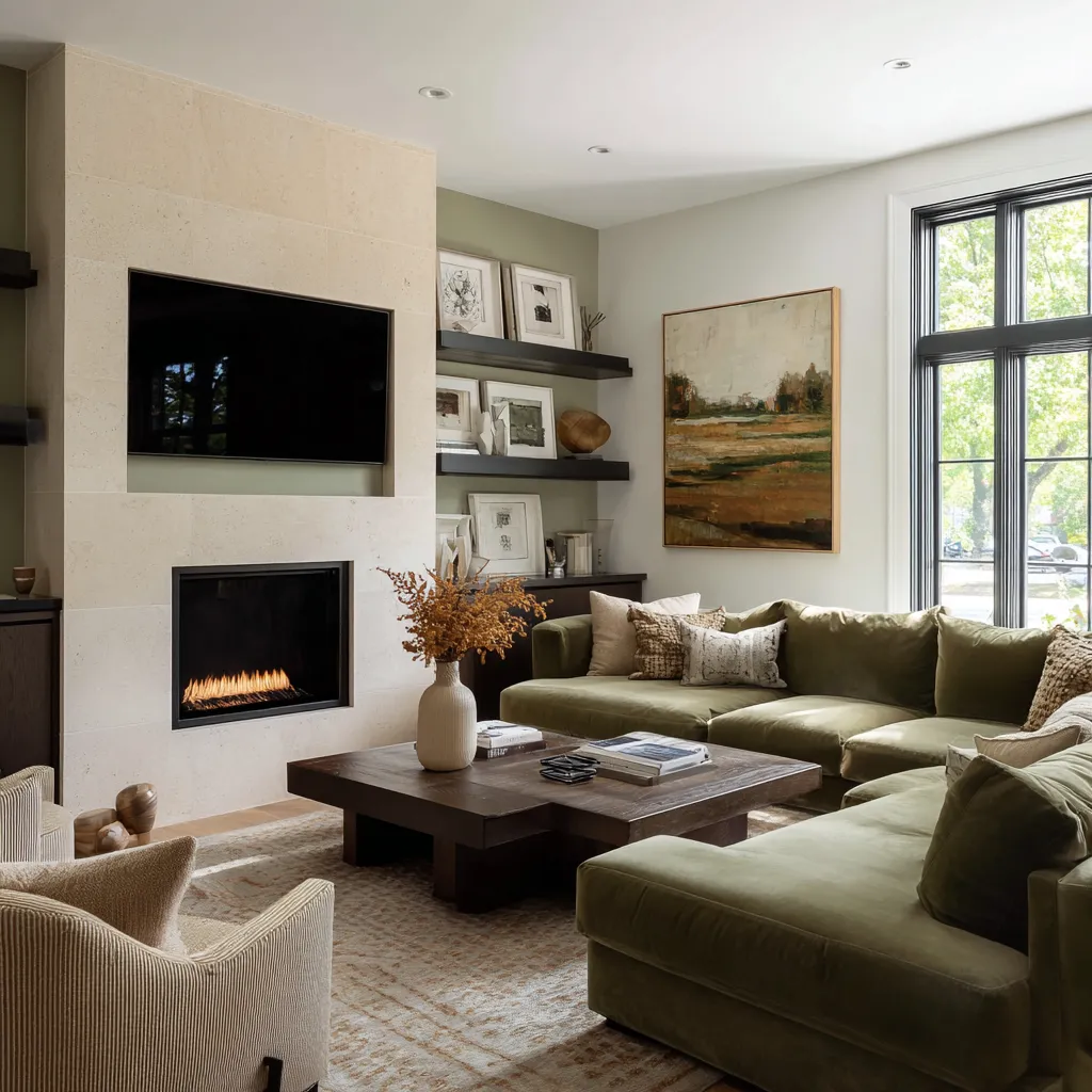 Modern eclectic living room ideas with pale stone fireplace wall, olive sectional, dark floating shelves, warm landscape art Modern eclectic living room ideas with pale stone fireplace wall, olive sectional, dark floating shelves, warm landscape art