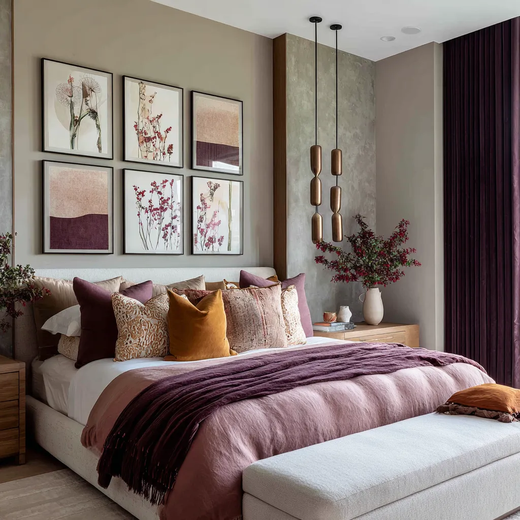 Modern eclectic maximalist bedroom with a six-piece art grid above the bed, blush-brown bedding, saffron and plum pillows, bronze sculptural pendants Modern eclectic maximalist bedroom with a six-piece art grid above the bed, blush-brown bedding, saffron and plum pillows, bronze sculptural pendants