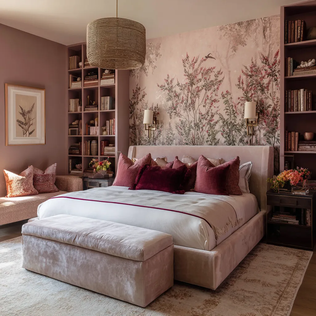 Modern pink maximalist bedroom with a blush floral mural, mauve-plum built-in shelves, a pale upholstered bed, burgundy accent pillows Modern pink maximalist bedroom with a blush floral mural, mauve-plum built-in shelves, a pale upholstered bed, burgundy accent pillows