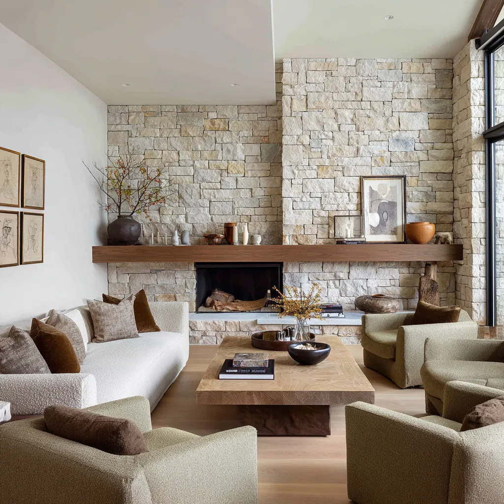 Modern rustic Scandinavian living room design inspiration with a full-height pale stone wall, long timber mantel, low fireplace opening Modern rustic Scandinavian living room design inspiration with a full-height pale stone wall, long timber mantel, low fireplace opening