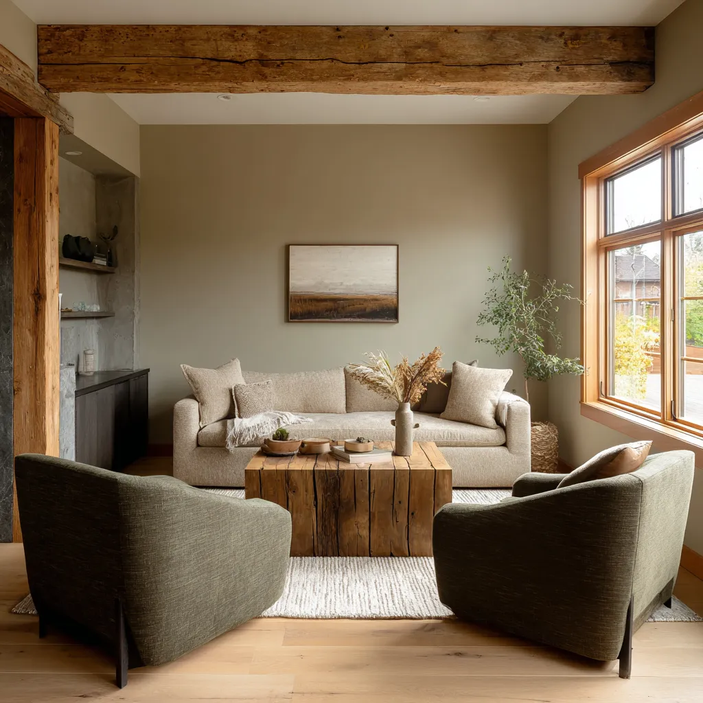 Modern rustic Scandinavian living room inspiration idea with one oversized reclaimed beam, taupe-olive walls Modern rustic Scandinavian living room inspiration idea with one oversized reclaimed beam, taupe-olive walls