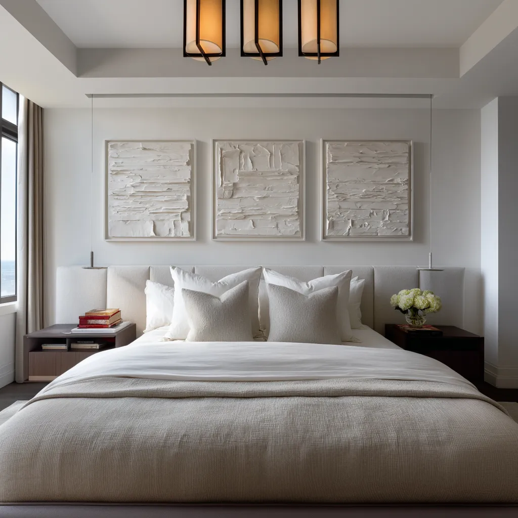 Modern wall art over bed ideas with three pale relief panels forming a flowing wave across the wall Modern wall art over bed ideas with three pale relief panels forming a flowing wave across the wall