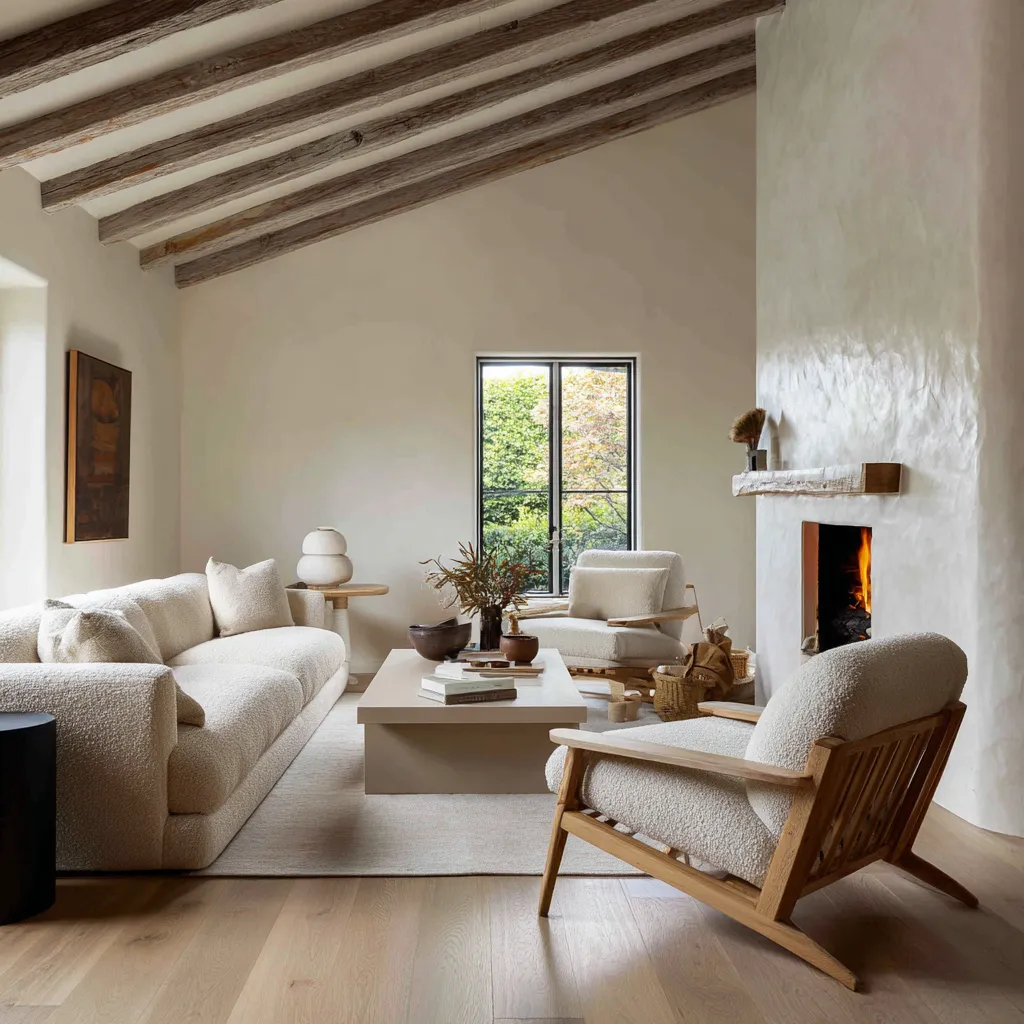 Monochrome warm Nordic living room with a sloped beam ceiling, tall plaster fireplace wall, low cream sofa Monochrome warm Nordic living room with a sloped beam ceiling, tall plaster fireplace wall, low cream sofa