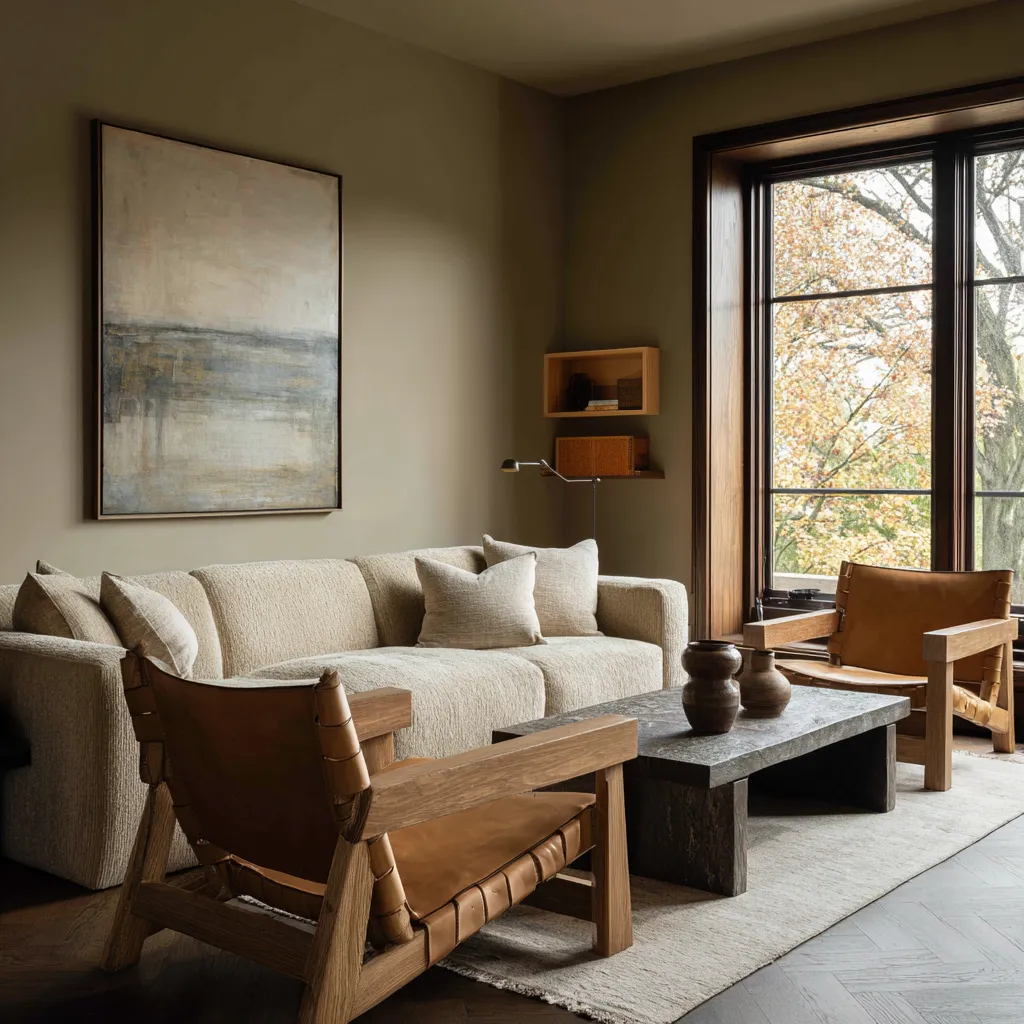 Moody Danish-inspired interior design concept with dark taupe walls, pale sofa, leather sling chairs, large abstract art Moody Danish-inspired interior design concept with dark taupe walls, pale sofa, leather sling chairs, large abstract art