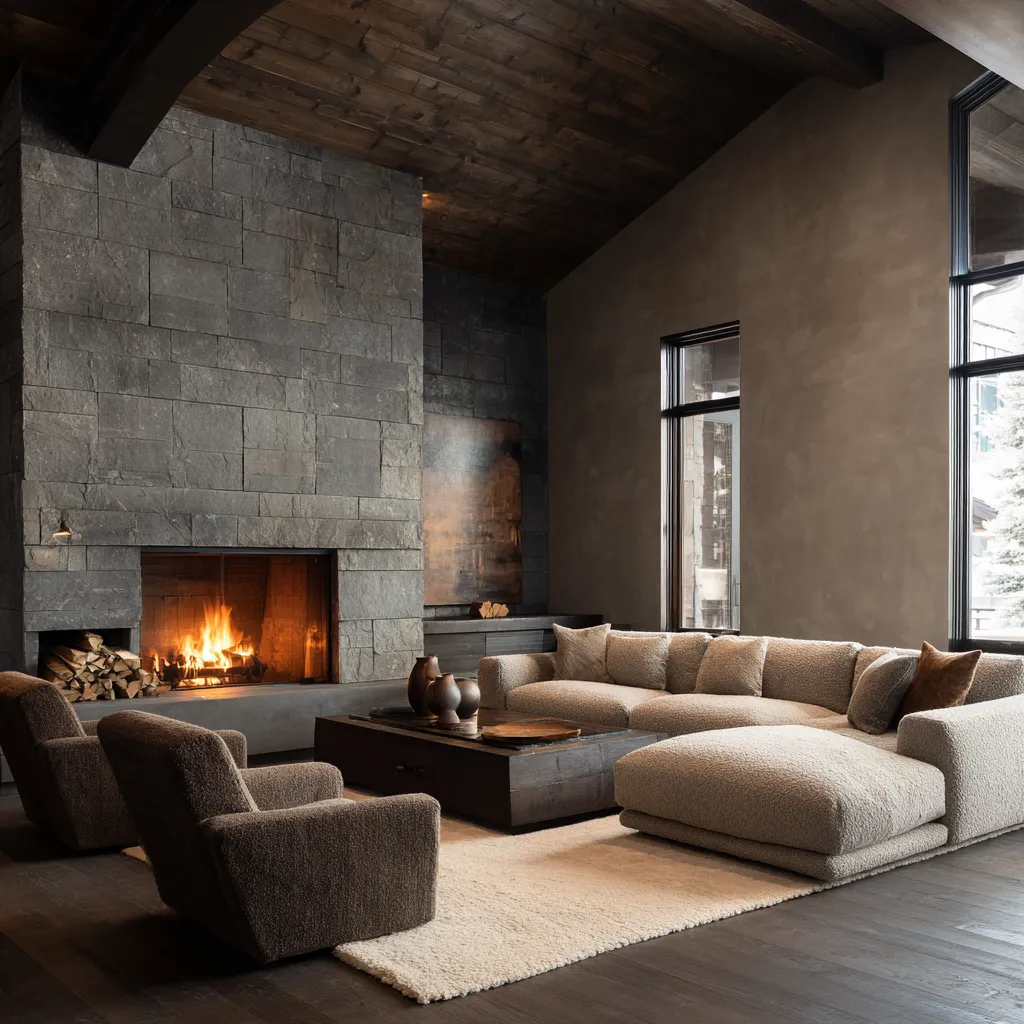 Moody Nordic cabin living room with a dark vaulted timber ceiling, charcoal stone fireplace, pale sectional Moody Nordic cabin living room with a dark vaulted timber ceiling, charcoal stone fireplace, pale sectional