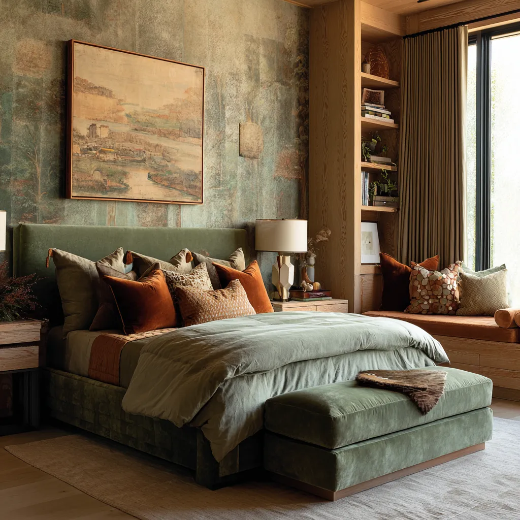 Moody bedroom with a mottled spruce-and-earth wall finish, framed landscape artwork, a moss-green upholstered bed and ottoman Moody bedroom with a mottled spruce-and-earth wall finish, framed landscape artwork, a moss-green upholstered bed and ottoman