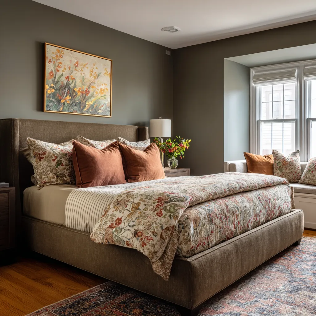Moody bedroom with deep olive-brown walls, dark upholstered bed, layered floral textiles, and a bright window-seat nook Moody bedroom with deep olive-brown walls, dark upholstered bed, layered floral textiles, and a bright window-seat nook