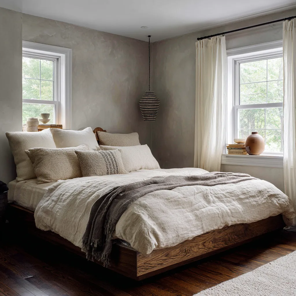 Moody bedroom with graphite-gray textured walls, a low dark wood bed, soft cream linen bedding Moody bedroom with graphite-gray textured walls, a low dark wood bed, soft cream linen bedding