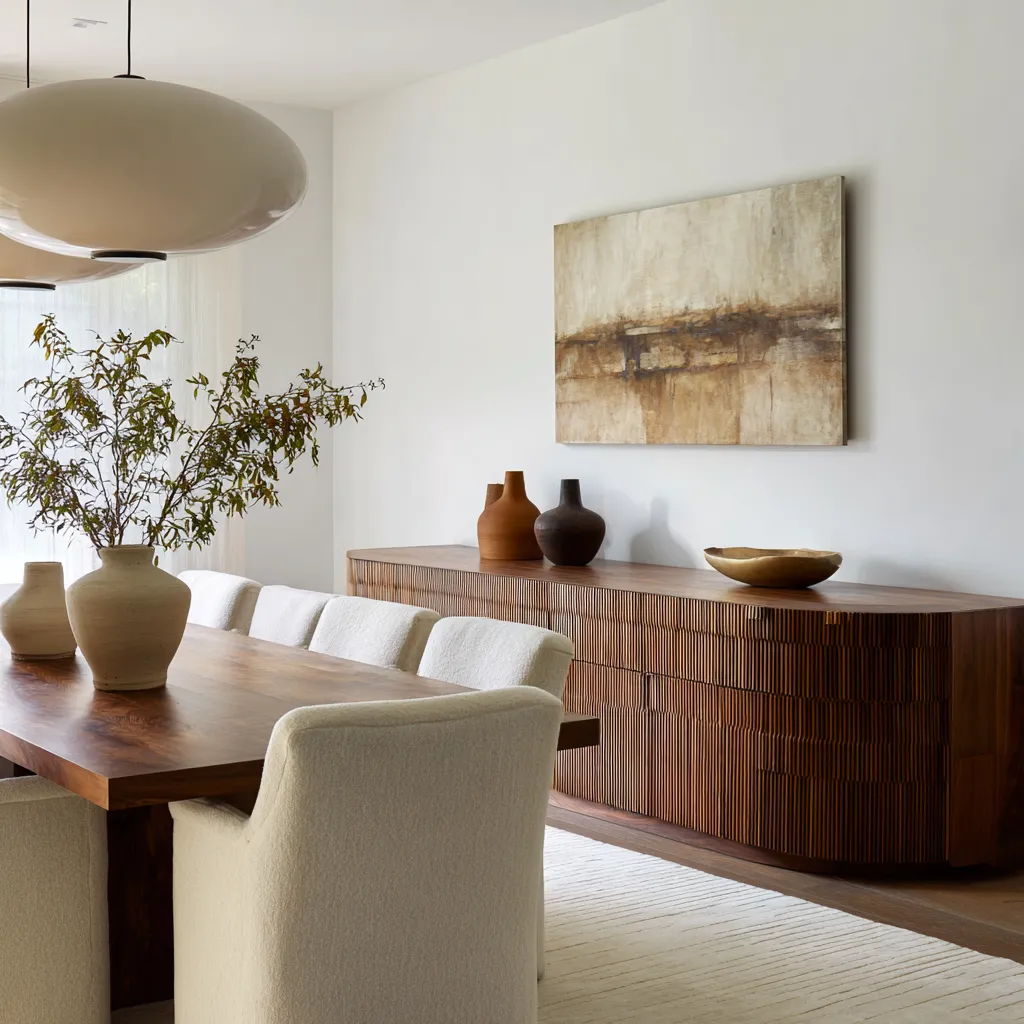 Moody coastal dining room interior design with a tide-line style abstract painting, a fluted credenza, dark wood table Moody coastal dining room interior design with a tide-line style abstract painting, a fluted credenza, dark wood table