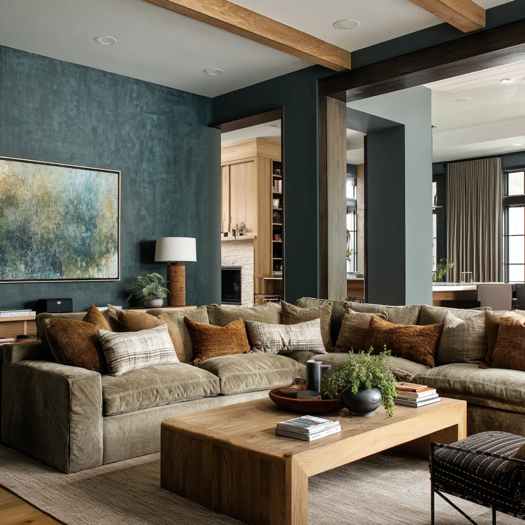 Moody eclectic living room with textured forest-teal wall, oversized sectional, tobacco and neutral pillows, heavy pale oak coffee table Moody eclectic living room with textured forest-teal wall, oversized sectional, tobacco and neutral pillows, heavy pale oak coffee table