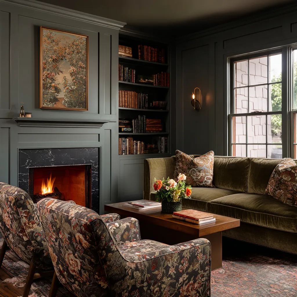 Moody grandmillennial library living room design with dark paneling, black fireplace surround, olive velvet sofa, floral chairs Moody grandmillennial library living room design with dark paneling, black fireplace surround, olive velvet sofa, floral chairs